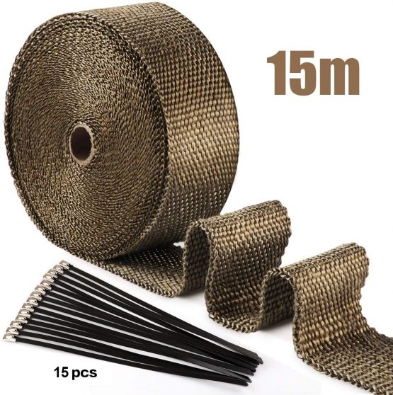 ilauke 15M*5CM Exhaust Wrap Roll Titanium for Motorcycle Heat Shield Tape + 15Pcs Stainless Ties