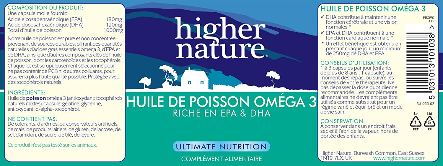 Higher Nature - Omega 3 1000mg Fish Oil Capsules - Eye Health & Brain - 180mg EPA - 120mg DHA - 90 Capsules - Image 2