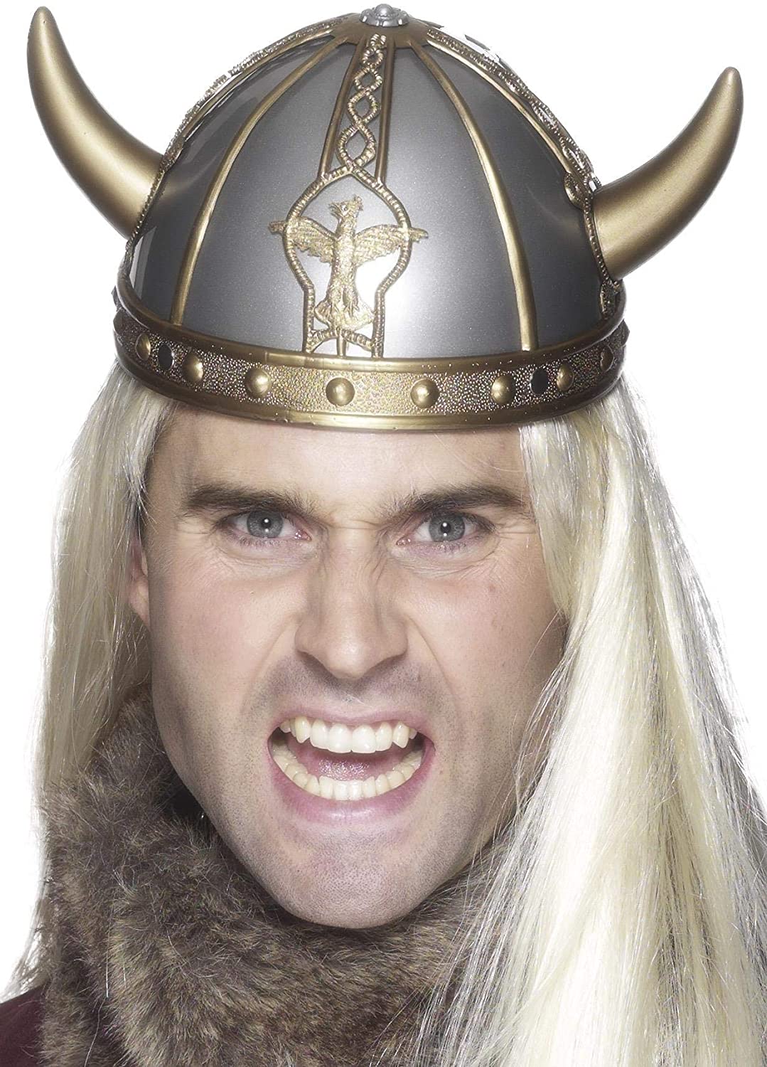 Smiffys Viking PVC Helmet with Horns, Silver, Standard, Silver/Gold