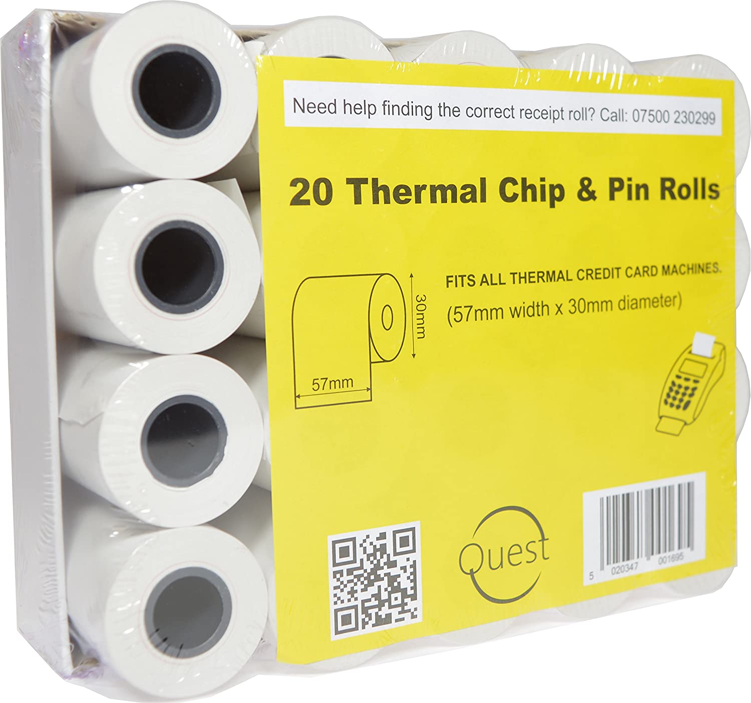 Quest 20 Thermal Chip 'n' Pin Rolls Size: 57mmx30mm Fits All Thermal Credit Card Machines, White, 57mm width x 30mm diameter - Image 4