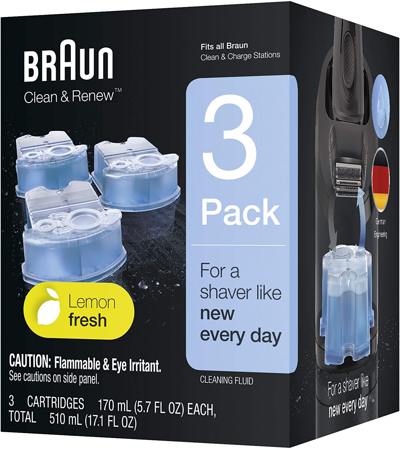 Braun Clean and Renew Electric Shaver Cleaning Cartridges, Hygienically  Cleans, Removing Residual Hair & Skin Particles, 3 Pack, Lemon Fresh –  BigaMart