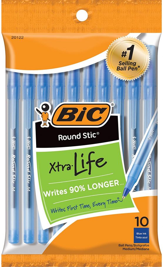 BIC Round Stic Ball Pens, Medium Point, Blue, 10-Count