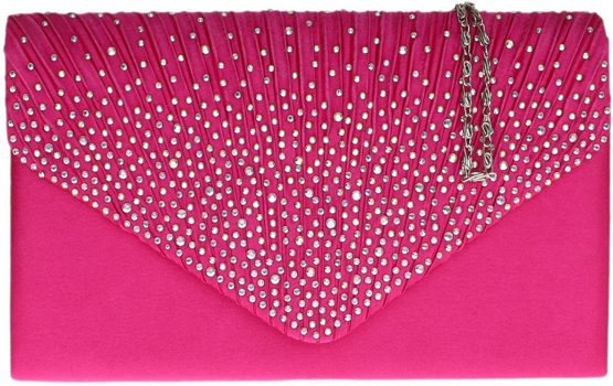 Girly HandBags Pleated Satin Clutch Bag Diamante Shoulder Chain Elegant Prom Wedding Evening