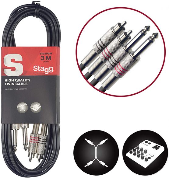 Stagg STC3PCM 3m/10 ft Twin Jack to RCA Phono Cable - Black