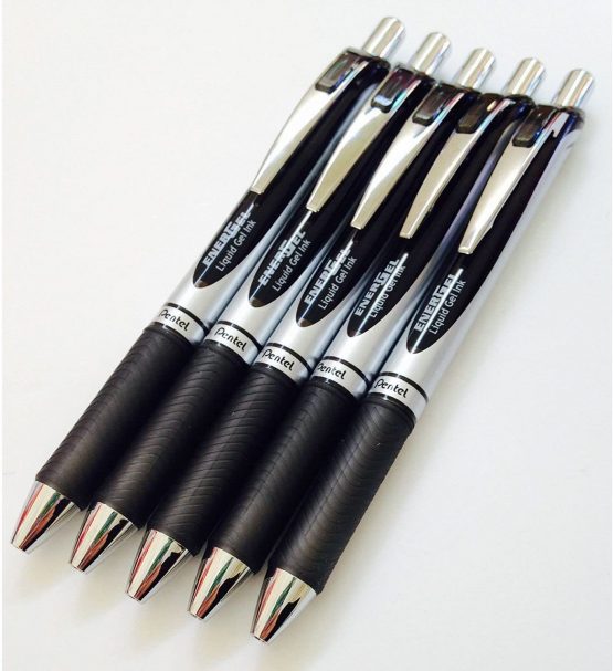 5x PENTEL BL77 ENERGEL RETRACTABLE ROLLER BALL PENS. BLACK INK. 0.7mm METAL TIP. RUBBER GRIP. BL77-A x5