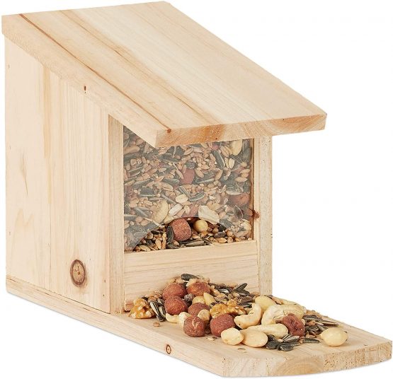 Relaxdays Squirrel Feeder for Placing, Wood, Weather-Resistant, HxWxD: ca 17.5 x 12 x 25 cm, Natural, Green, 25 x 12 x 17.5 cm