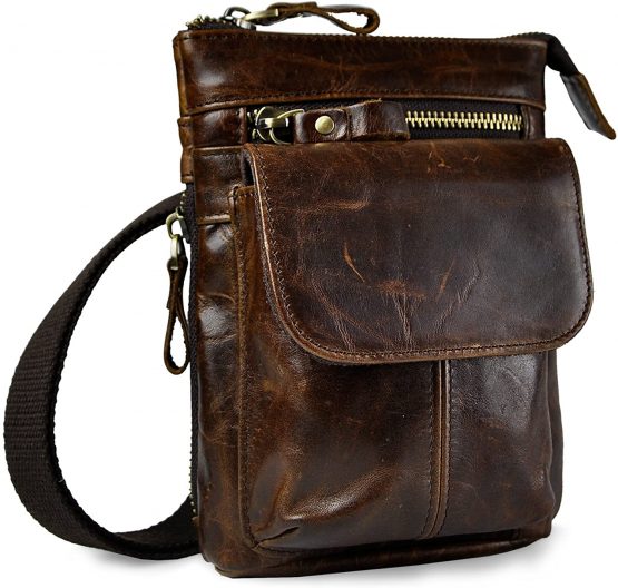 Le'aokuu Men Quality Leather Small Travel Outdoor Hip Bum Fanny Belt Waist Pack Satchel Messenger Bag Phone Pouch 611-18