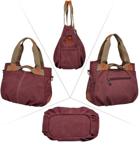 LOSMILE Women's Handbag, Canvas Shoulder Bag Top Handle Bags Satchels Beach Tote Bag Cross Body Bags. (Burgundy) - Image 2