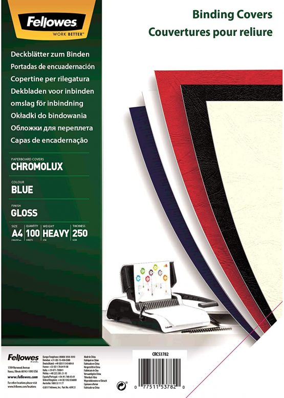 Fellowes A4 100 Percent Recyclable Gloss Binding Covers, Heavyweight, 250 gsm Presentation Covers, FSC, Blue, Pack of 100 - Image 2