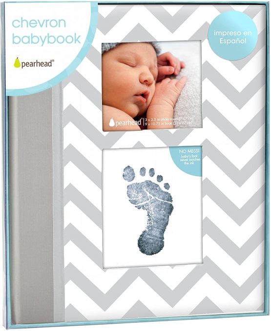 Pearhead P62212 Chevron Baby Memory Book with Clean Touch Ink Pad, Spanish Version, Grey