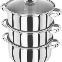 Judge Essentials HX04 Stainless Steel 3 Tier Steamer 22cm, Vented Glass Lid, Integral Casserole Pot, Oven Safe, Induction Ready, 10 Year Guarantee