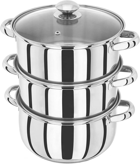 Judge Essentials HX04 Stainless Steel 3 Tier Steamer 22cm, Vented Glass Lid, Integral Casserole Pot, Oven Safe, Induction Ready, 10 Year Guarantee