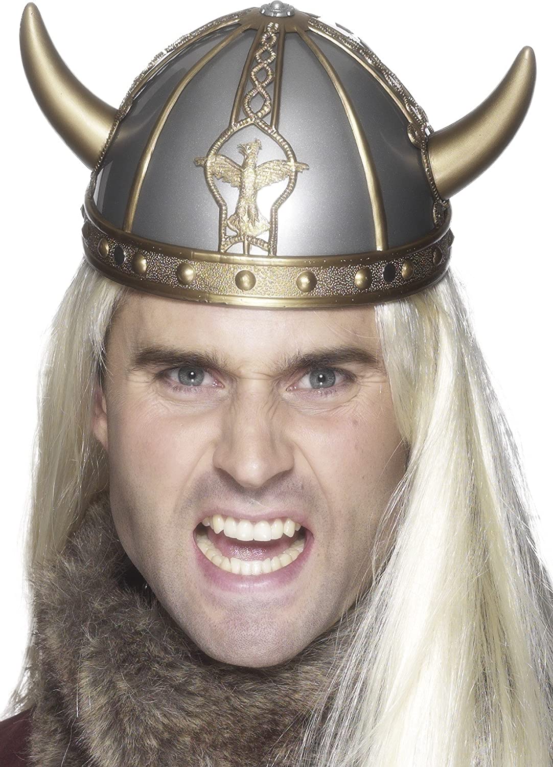 Smiffys Viking PVC Helmet with Horns, Silver, Standard, Silver/Gold - Image 2
