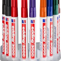 edding 3000 permanent marker - multi-coloured - display box of 10 markers - round tip 1.5-3 mm - quick-drying permanent markers - waterproof,smudge-proof - for cardboard, plastic, wood, metal, fabric