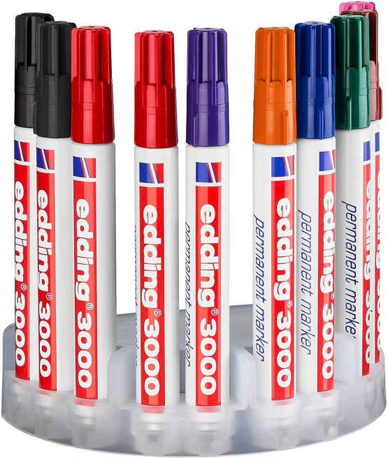 edding 3000 permanent marker - multi-coloured - display box of 10 markers - round tip 1.5-3 mm - quick-drying permanent markers - waterproof,smudge-proof - for cardboard, plastic, wood, metal, fabric