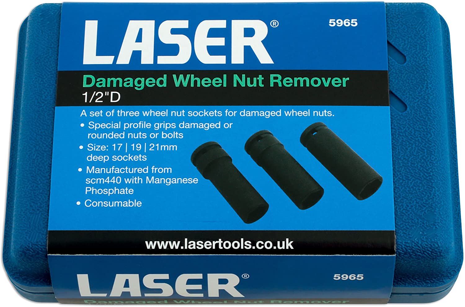 Laser 5965 Damaged Wheel Nut Remover 1/2"D 3pc, Black, 17mm diameter, 17mm, 19mm, or 21mm length - Image 3
