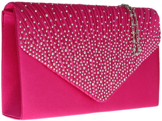 Girly HandBags Pleated Satin Clutch Bag Diamante Shoulder Chain Elegant Prom Wedding Evening - Image 2