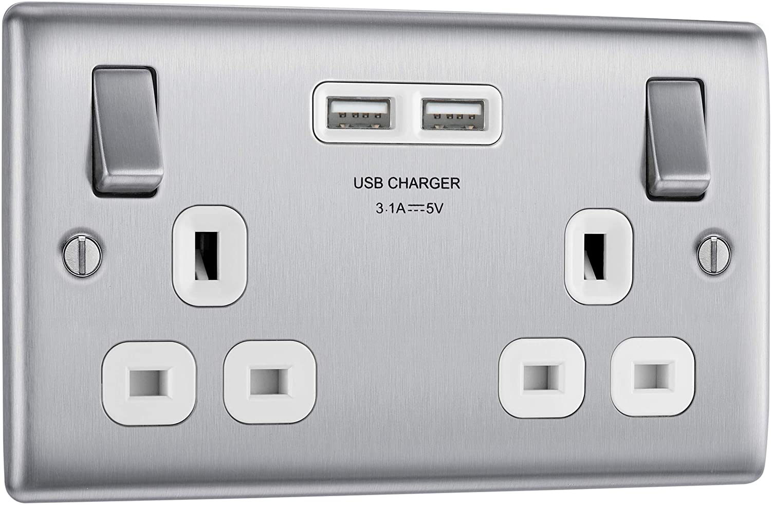 BG Electrical Double Switched Fast Power Socket with Two USB Charging Ports, Brushed Steel, label ‘1’ - Image 3