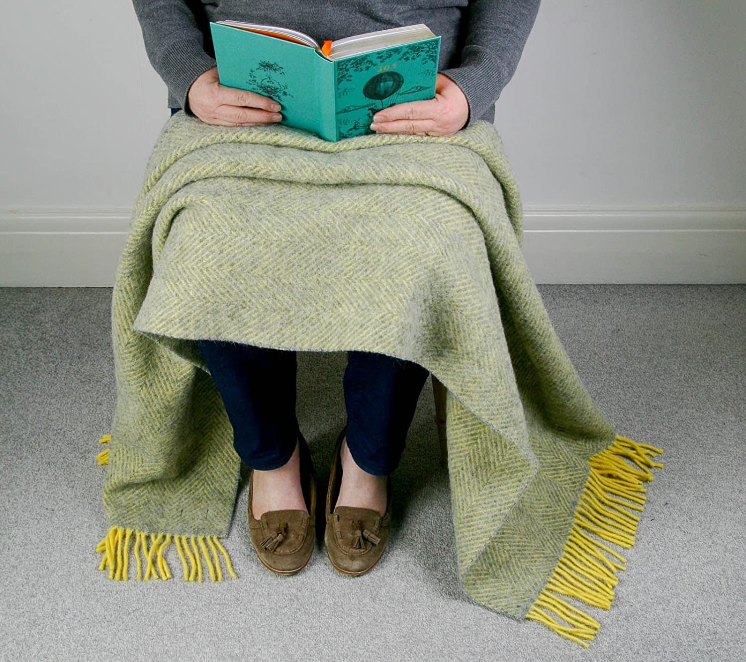 Herringbone - Pure New Wool - Knee Rug Throw Small Blanket - Silver Grey/Lemon - British Made by Tweedmill Textiles - Image 3