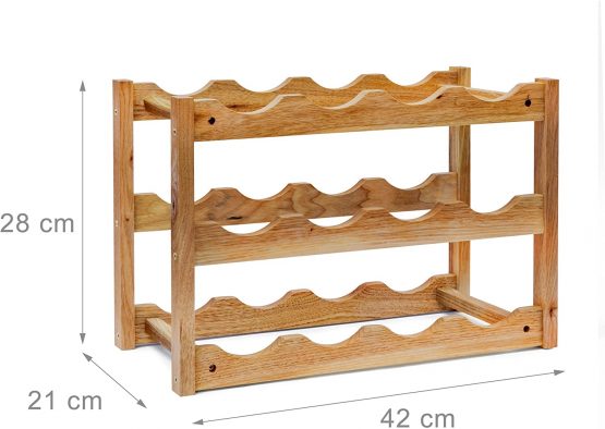 Relaxdays Free Rack: 28 x 42.5 x 21 cm Wooden Stand with Three Shelves for 12, Small Wine Bottle Holder Made Out of Oiled Walnut for Horizontal Storage, Wood, Natural Brown, 42 x 21 x 28 cm - Image 3