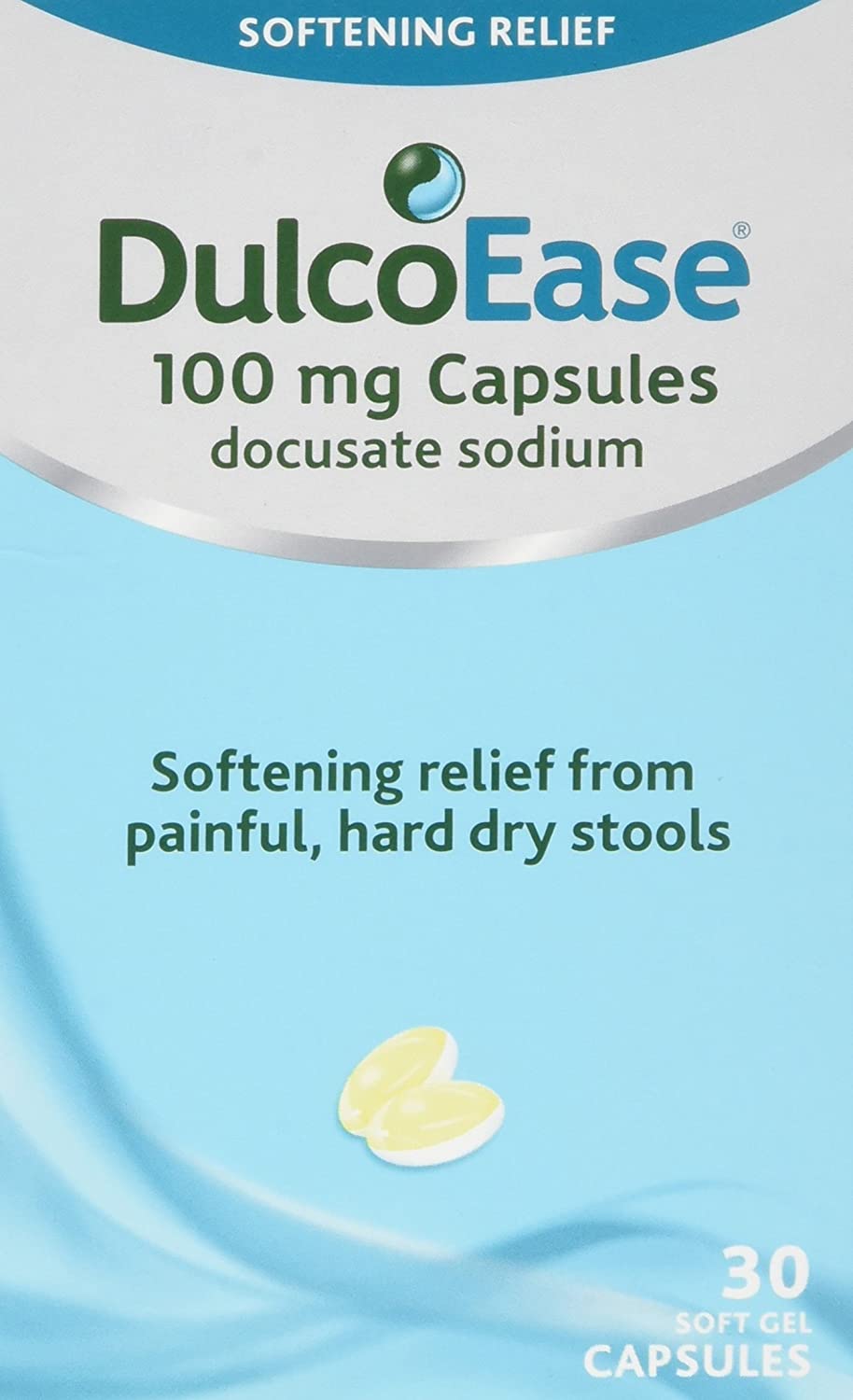 DulcoEase 100 mg Docusate Sodium Capsules - Softening Constipation Relief - Pack of 30 Soft Gel Capsules - Stool Softening Laxative