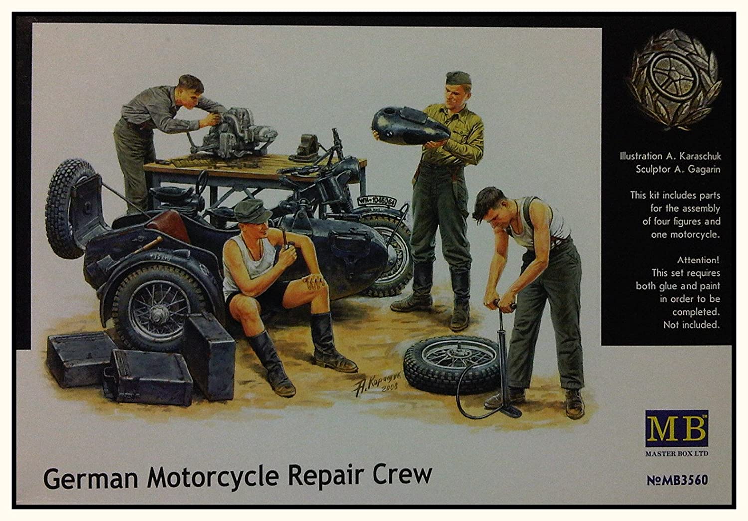 Masterbox 1:35 Scale German Motorcycle Repair Crew Assembly Parts, Neutral colors (greys, browns, blacks)