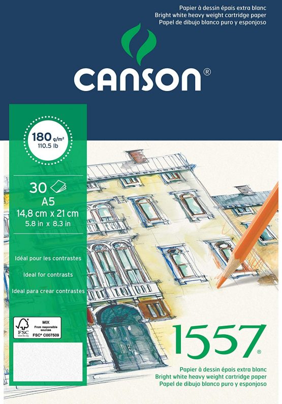 Canson 1557 - A5 pad Including 30 Sheets of 180gsm White Cartridge Drawing Paper