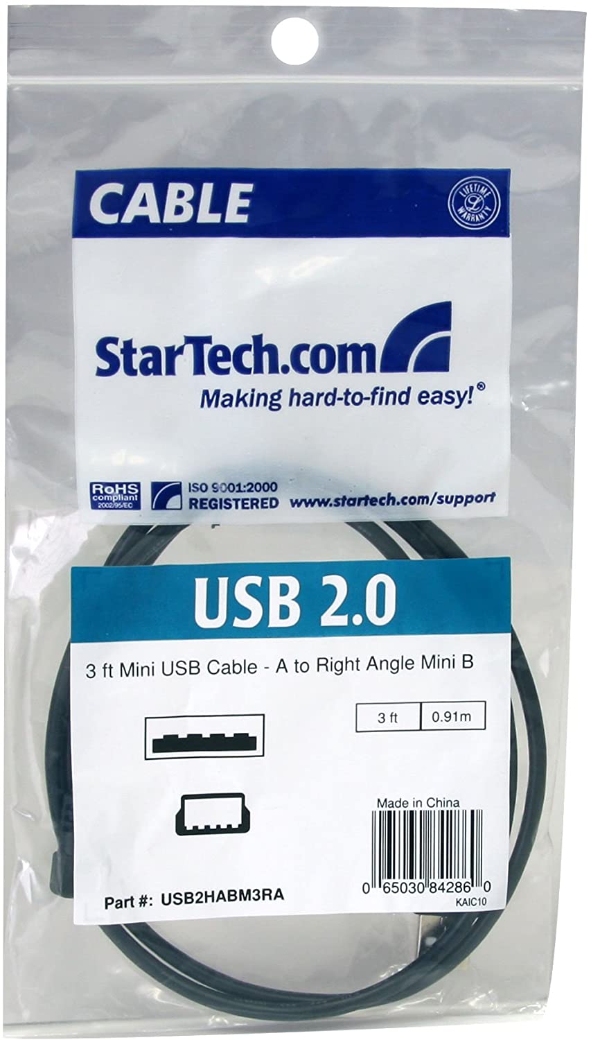 StarTech.com 3 ft. (0.9 m) Right Angle USB to Mini USB Cable - USB 2.0 A to Right Angle Mini B - Black - Mini USB Cable (USB2HABM3RA) - Image 4