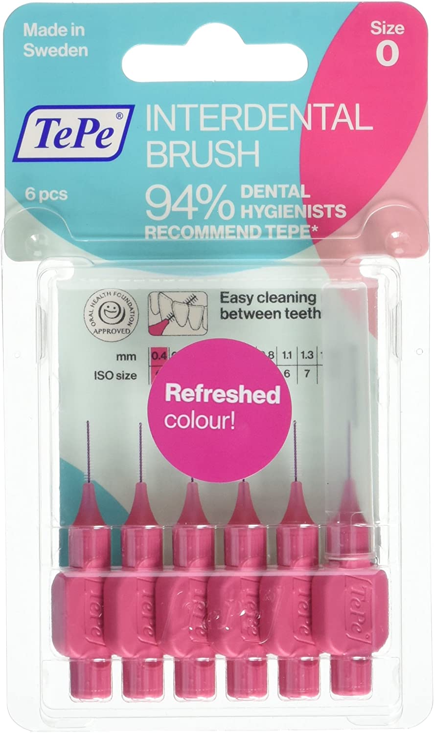 TePe Interdental Brush Pink 0.4mm Pack of 6, 6 count (Pack of 1)