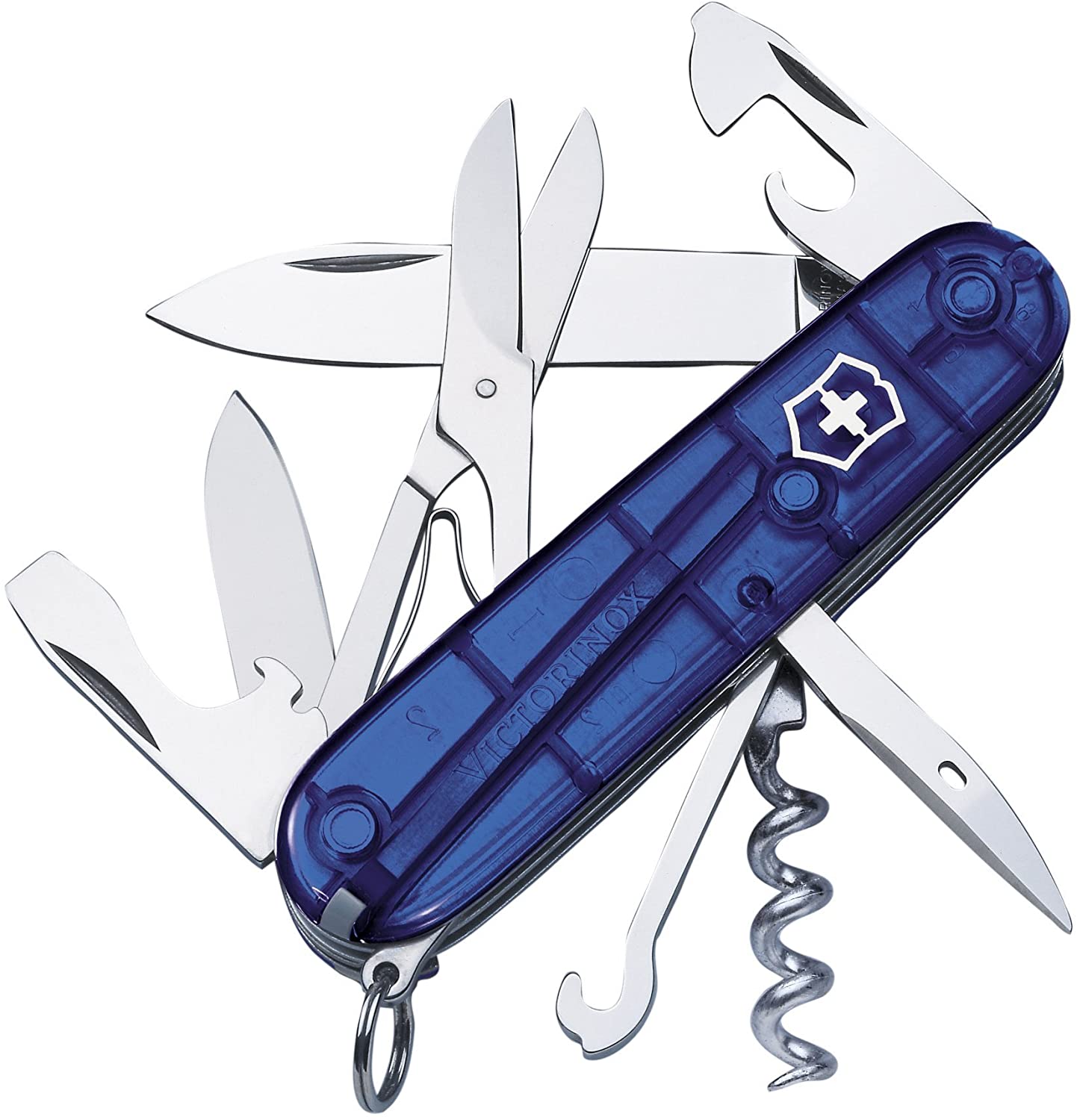 Victorinox Climber Swiss Army Knife, Medium, Multi Tool, 14 Functions, Blade, Bottle Opener, Blue Transparent