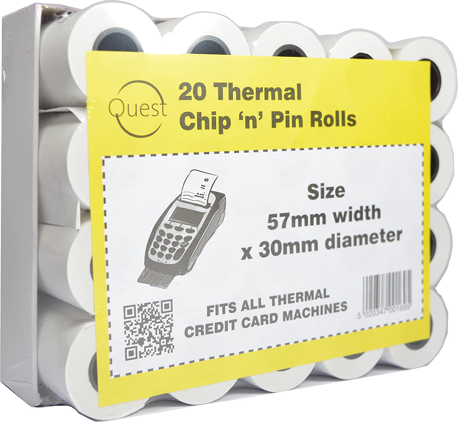 Quest 20 Thermal Chip 'n' Pin Rolls Size: 57mmx30mm Fits All Thermal Credit Card Machines, White, 57mm width x 30mm diameter - Image 2