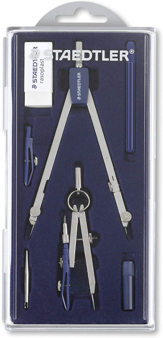 Staedtler 559 C07 ST Compass Set (Exact and Precise, Bendable Lead Leg and Needle Shoe, Set with Brass Compass and Accessories in Flip Cover Case)