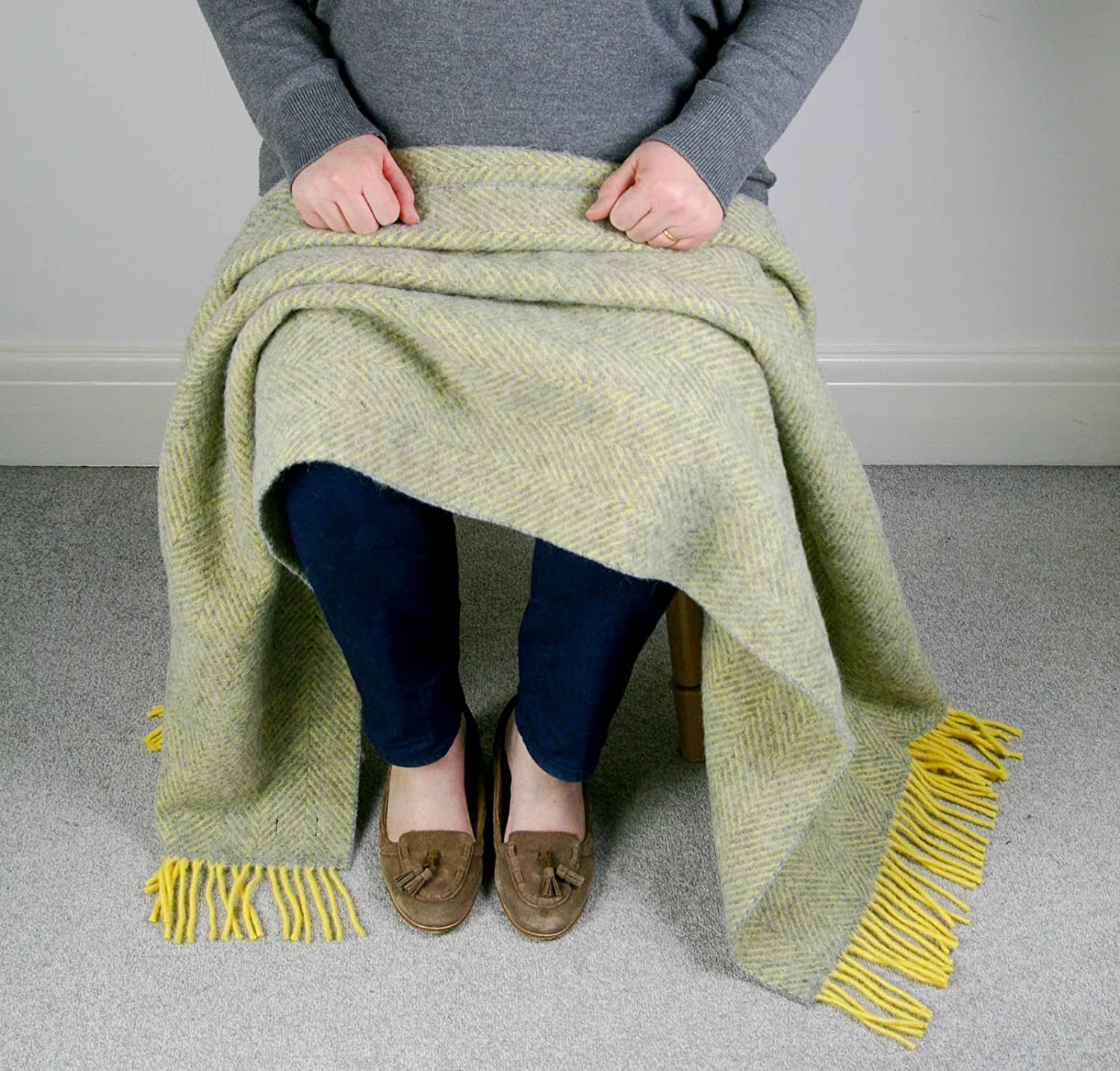 Herringbone - Pure New Wool - Knee Rug Throw Small Blanket - Silver Grey/Lemon - British Made by Tweedmill Textiles - Image 2