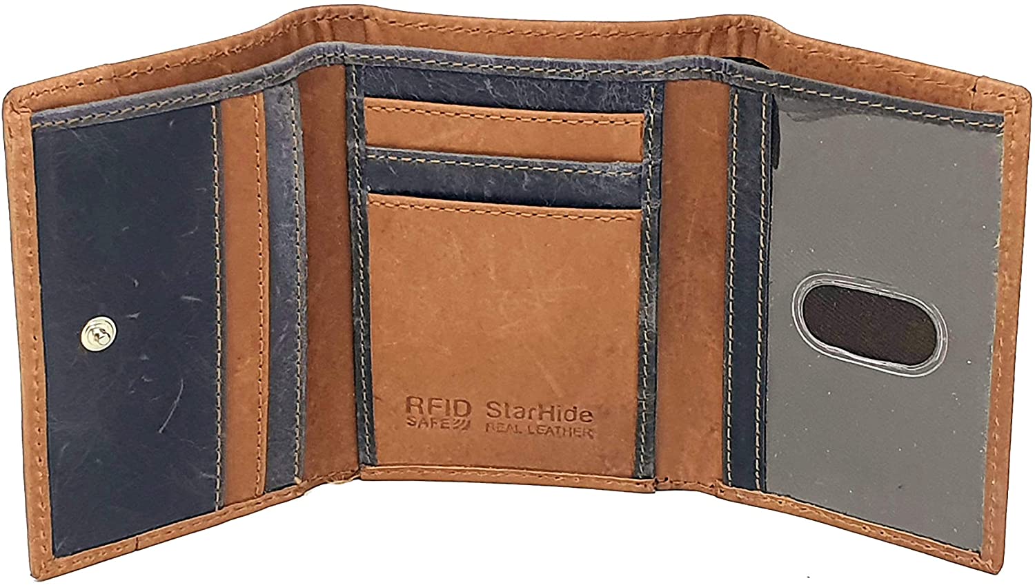 STARHIDE Mens RFID Blocking Trifold Distressed Hunter Leather and Canvas Wallet Credit Card Holder 805 Blue Brown - Image 2