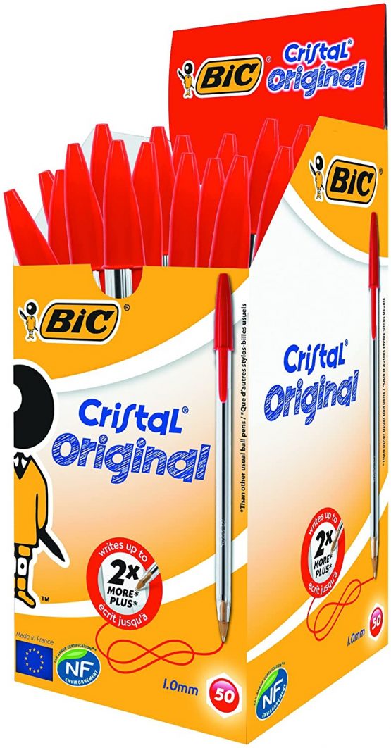 BIC Cristal Original Ballpoint Pens, Medium Point (1.0mm), Every-Day Writing Pens With Clear Barrel, Red, Box Of 50