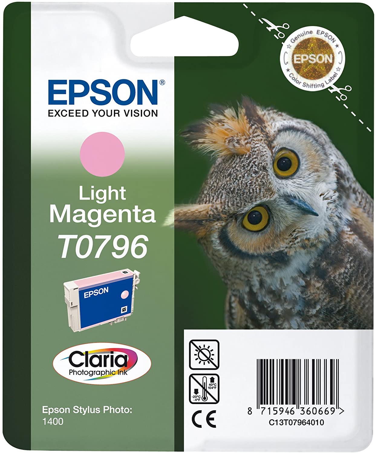 Epson T0796 Original Light Magenta red Ink Cartridge for Stylus Photo 1400 (Owl), Genuine, Magenta Light