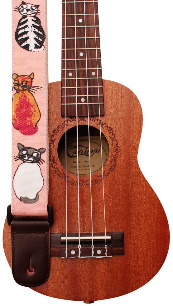 MUSIC FIRST Original Design"MISS CAT" Soft Cotton & Genuine Leather Ukulele Strap Ukulele Shoulder Strap (Miss Cat)