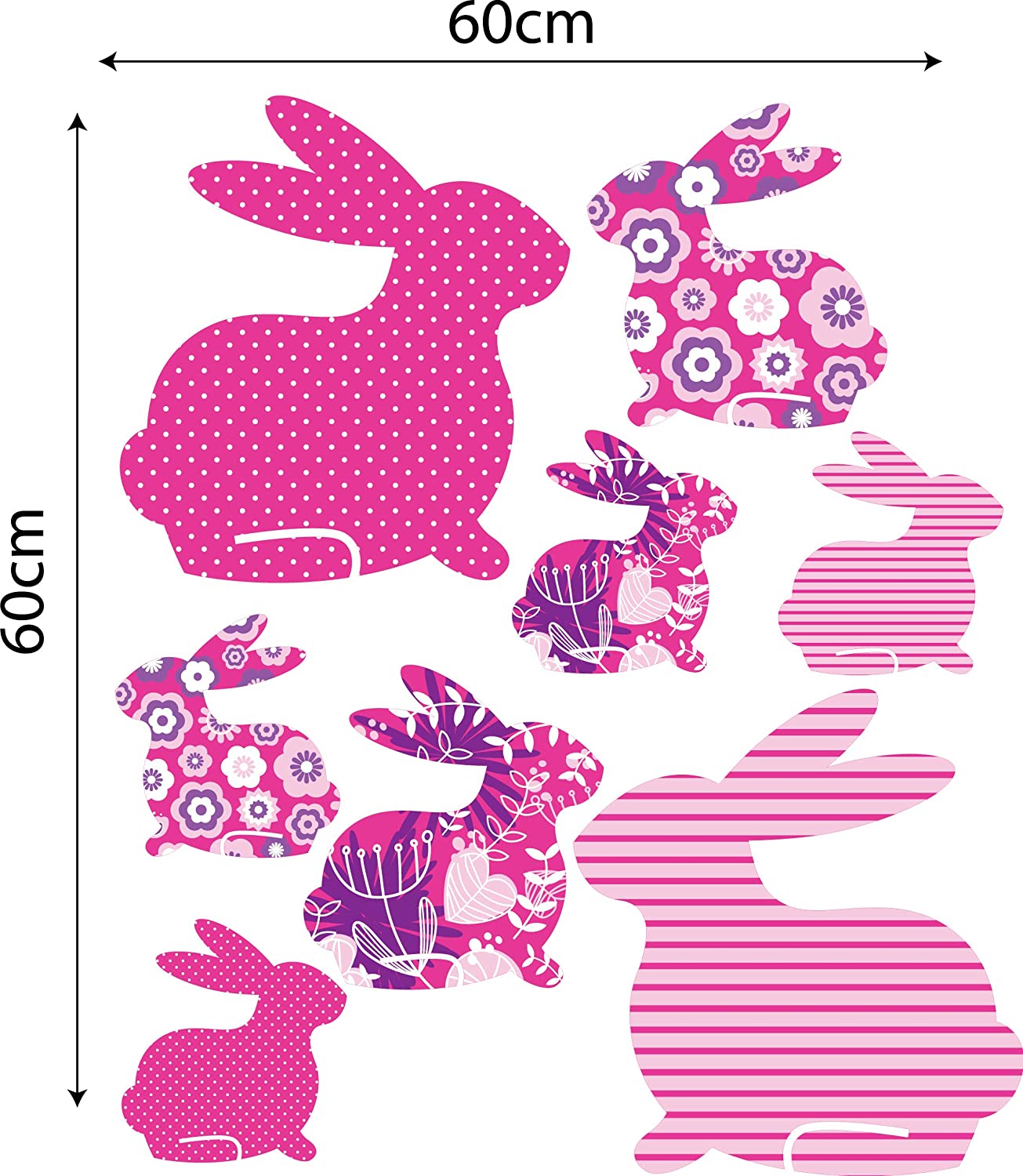 60 Second Makeover Limited Full Colour Set of 8 Patterned Rabbits Pink, Purple Kids Girls Bedroom Wall Sticker Decal Nursery Decoration - Image 2