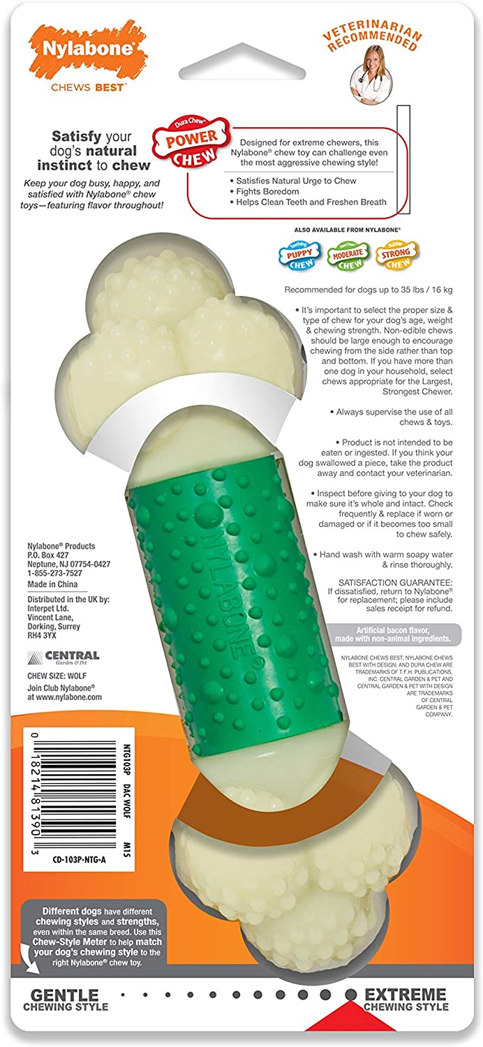 Nylabone Extreme Tough Double Action Dog Chew Toy Bone, Cleans Teeth, Bacon Flavour, Medium, for Dogs Up to 16 kg - Image 2