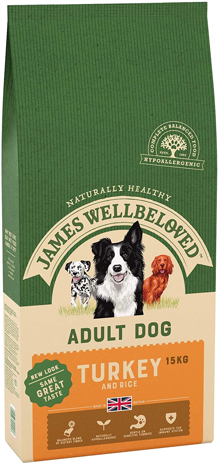 JAMES WELLBELOVED - Hypoallergenic Adult Dry Dog Food - 15 kg - Turkey & Rice - Bulk Dog Food Pack, Brown, 15 kg (Pack of 1)