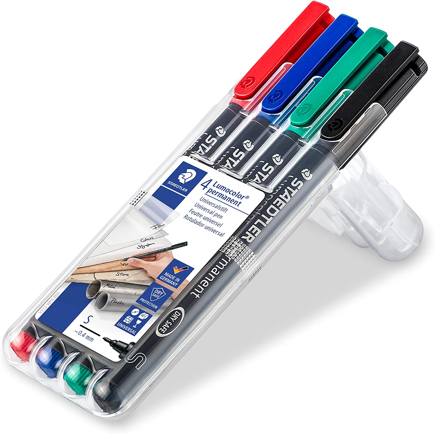 STAEDTLER 313 WP4 Lumocolor Permanent Pen, Superfine Line Width, 0.4mm, Assorted Colours (Pack of 4), Black, Blue, Red, Green - Image 2