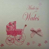 WHITE COTTON CARDS Made in Wales Handmade New Baby Town Card with Pink Pram