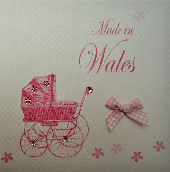 WHITE COTTON CARDS Made in Wales Handmade New Baby Town Card with Pink Pram