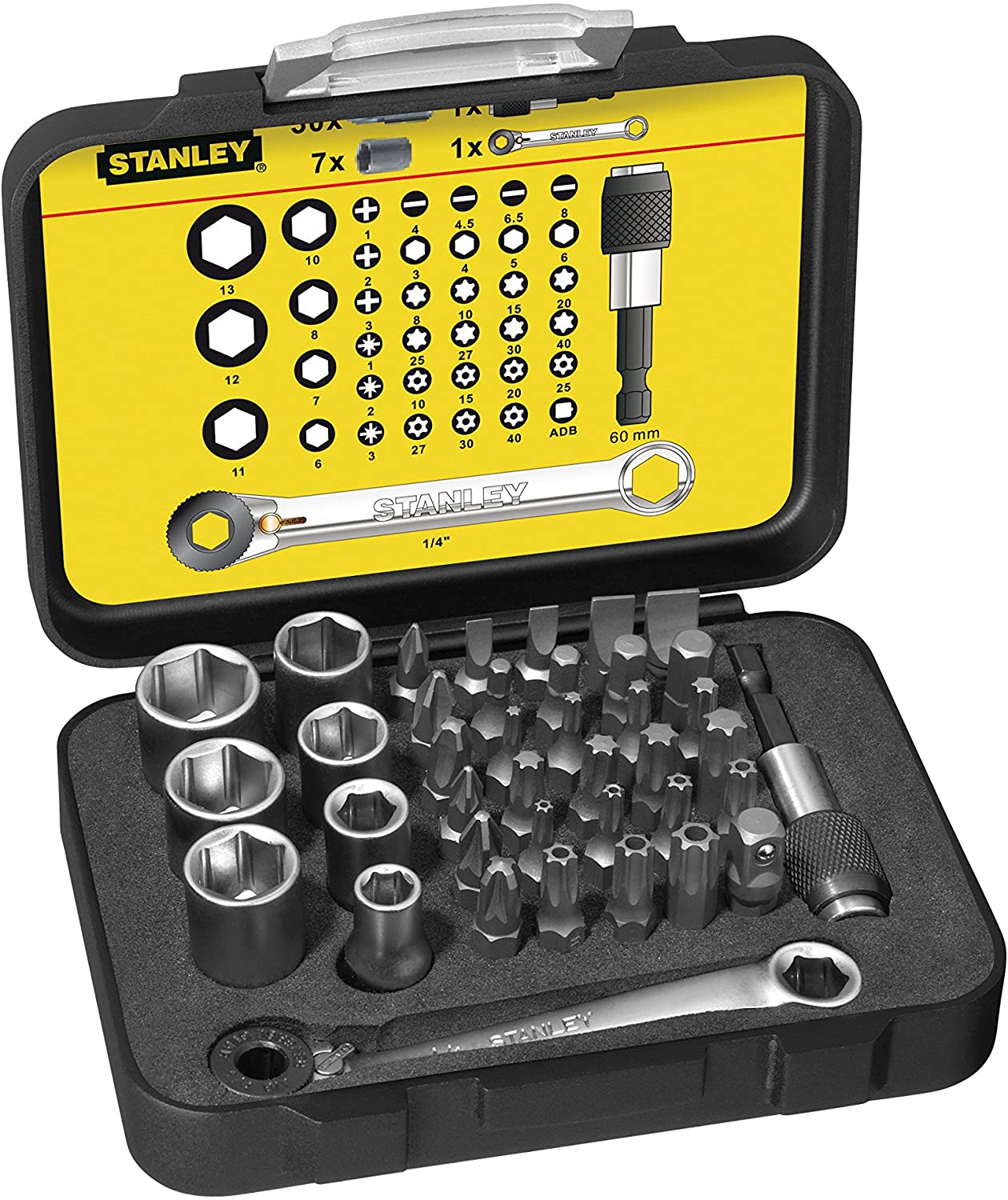 Stanley Tools 39Pc Fm Bit+Skt Set+Ratchet (Single) 1-13-907, Yellow/Black