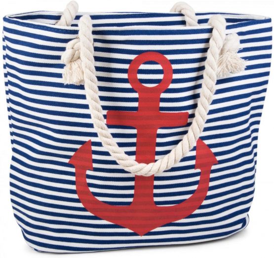 styleBREAKER Striped Look Beach Bag with Anchor, Sling Bag, Shopper, Women 02012038, Color:Blue-White/Red - Image 2