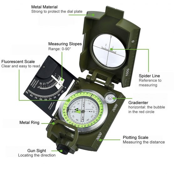Multifunction Compass Waterproof Navigation Compass Clinometer with Fluorescent Scale Sighting Compass Inclinometer with Bag for Hiking Camping Climbing Exploring Geology Outdoor Activities - Image 2