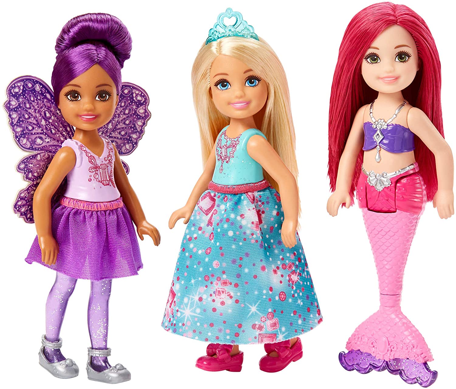 Mattel Barbie Dreamtopia-Pack of 3 Chelsea Mermaid, Fairy and Princess Dolls, Multicolor FPL86, Multicoloured