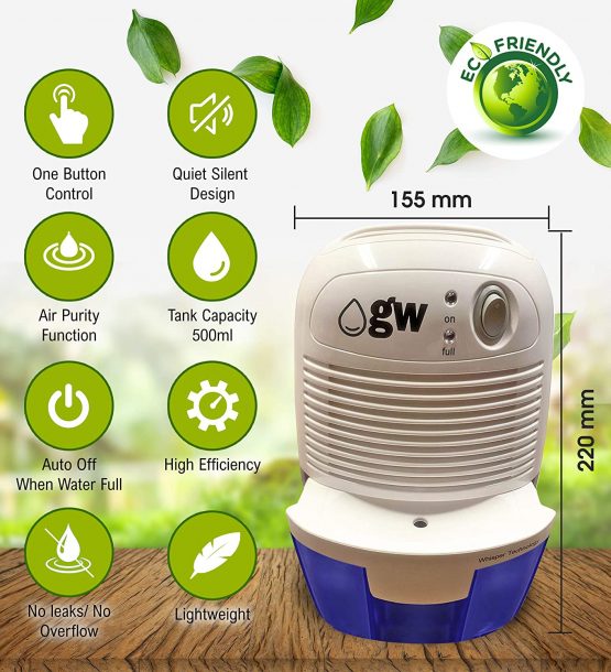 gw-Dehumidifier - Compact Mini Dehumidifier 500ml. Portable Low Weight Whisper Quiet Air Cleaner for Damp, Condensation, Mould in the Bedroom, Kitchen, Bathroom, Office, Caravan, Garage, Basement - Image 2