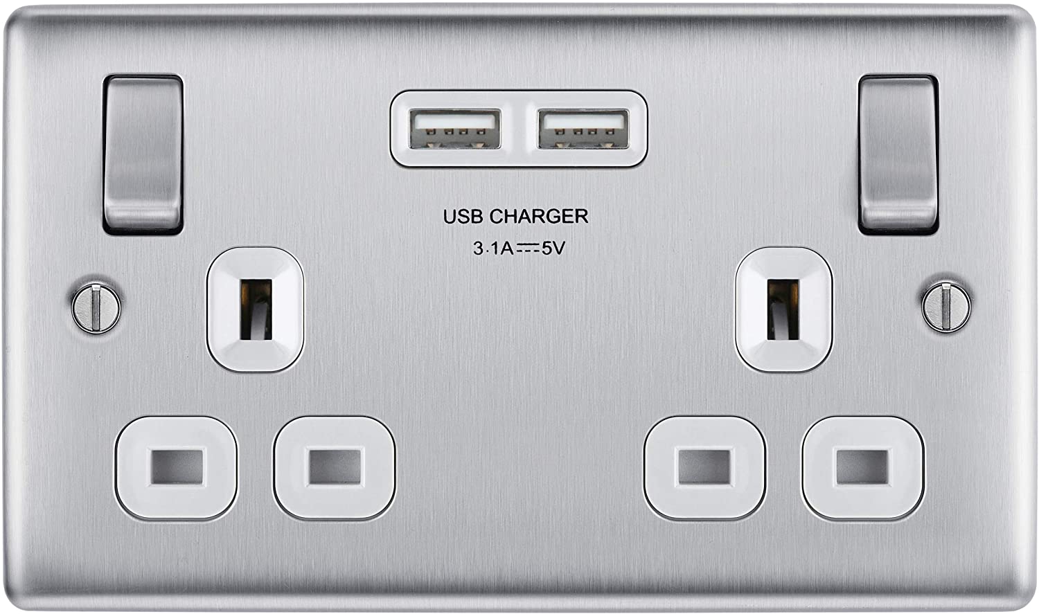 BG Electrical Double Switched Fast Power Socket with Two USB Charging Ports, Brushed Steel, label ‘1’
