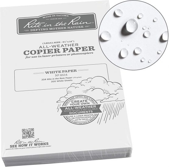 Rite in the Rain Weatherproof Copier Paper, 8.5" x 14", 20# White, 200 Sheet Pack (No. 8514)